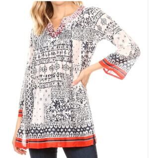 Sakkas Sasa Casual Summer Cotton 3/4 Sleeve Print Loose Tunic Top Blouse NEW